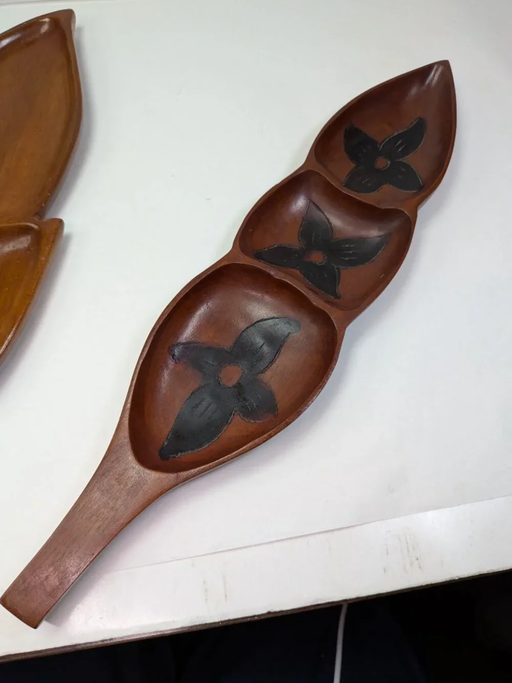 VTG Carved Wood Leaf Tray Set Sectional Platter & Handle Dish Hand Carved 60s